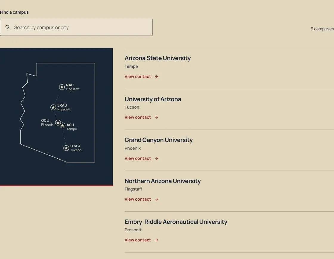The Arizona Federation of College Republicans chapter directory, organized by campus