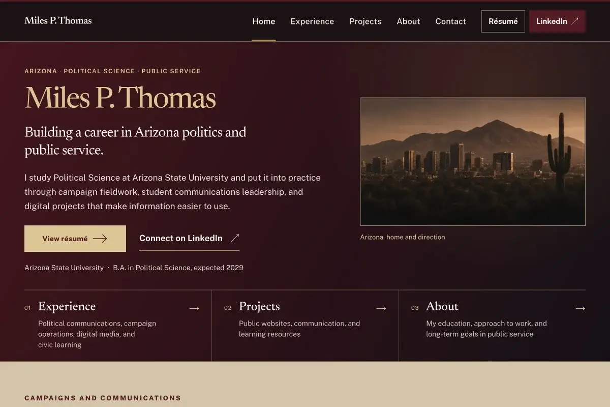 Miles P. Thomas homepage with an Arizona landscape beside the introduction, résumé and LinkedIn actions, and a three-part route index